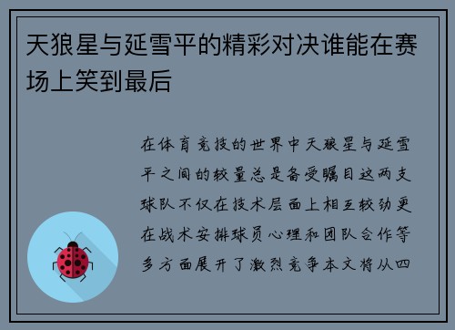 天狼星与延雪平的精彩对决谁能在赛场上笑到最后